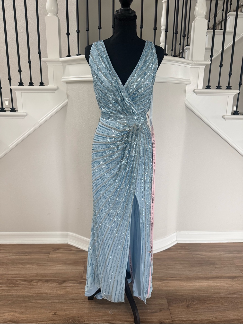 🦋NWT Mac Duggal Sequin Faux Wrap Gown Ice Blue Size 10 Style 5685